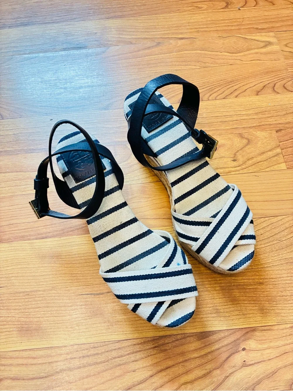 Tory Burch Canvas Stripe Espadrille Platform Wedge Sandals Navy White 8